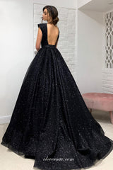 Black Beaded Sequin Tulle Deep V-neck Sleeveless Long Prom Dresses, CP0925