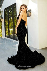 Black Beading Sequined Tulle Strapless Mermaid Shiny Prom Dresses, CP1025