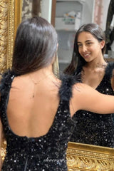 Black Beading Sequined Tulle With Feather Strap Sheath Side Slit Prom Dresses, CP1024