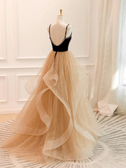 Black Champagne Long Prom Dresses, Black Champagne Long Formal Evening Dresses
