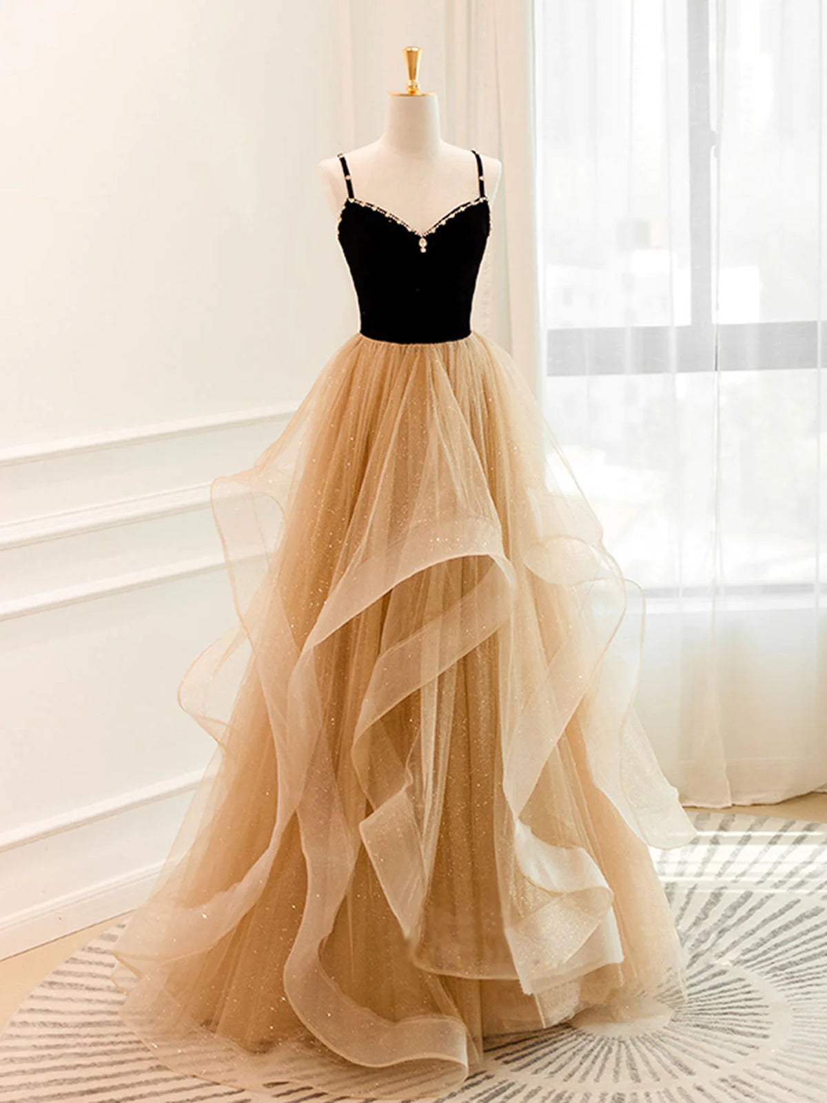 Black Champagne Long Prom Dresses, Black Champagne Long Formal Evening Dresses