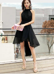 Black Chiffon Halter High Low Party Dress Homecoming Dress, Black Bridesmaid Dresses