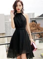 Black Chiffon Halter High Low Party Dress Homecoming Dress, Black Bridesmaid Dresses