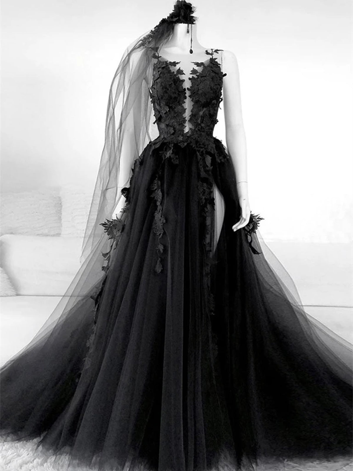 Black Floral Long Prom Dresses, Long Black Floral Formal Evening Dresses