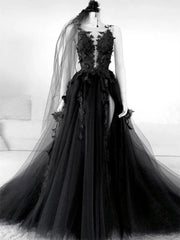 Black Floral Long Prom Dresses, Long Black Floral Formal Evening Dresses