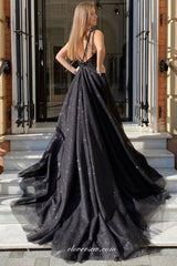 Black Glitter Tulle Lace Strap Scoop Neck A-line Slit Sparkly Prom Dresses, CP0980