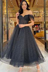Black Glitter Tulle Off The Shoulder A-line Shiny Ankle Length Prom Dresses, CP1061