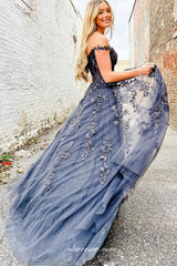 Black Lace Aoolqiue Off The Shoulder A-line Side Slit Prom Dresses, CP1030