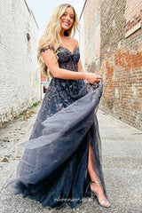 Black Lace Aoolqiue Off The Shoulder A-line Side Slit Prom Dresses, CP1030