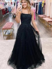 Black Lace 2024 Formal Dress UK Open Back Tulle Long Prom Dresses Cheap