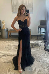2024 Black Lace Prom Dresses Strapless Split Long Evening Dresses Mermaid