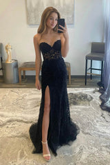 2024 Black Lace Prom Dresses Strapless Split Long Evening Dresses Mermaid