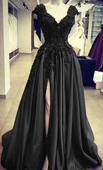 Black Lace 2024 Prom Dresses V Neck Satin Applique Formal Dress with Split
