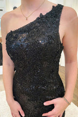 Black Lace Sequins One Shoulder Evening Gown Mermaid Long Formal Dresses