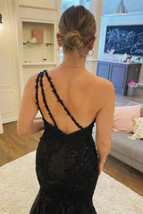 Black Lace Sequins One Shoulder Evening Gown Mermaid Long Formal Dresses