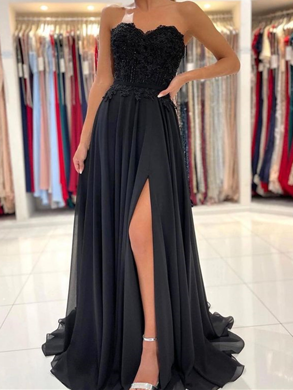 Black Long Lace Prom Dresses, Long Black Lace Formal Evening Dresses