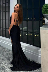 Black Mermaid Halter Long Prom Dress with Slit