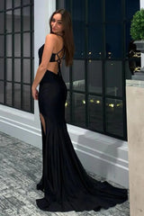 Black Mermaid Halter Long Prom Dress with Slit