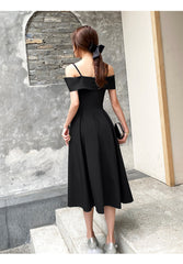Black Off Shoulder Tea Length Wedding Party Dress, Black Prom Dress Homecoming Dress