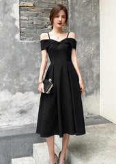 Black Off Shoulder Tea Length Wedding Party Dress, Black Prom Dress Homecoming Dress