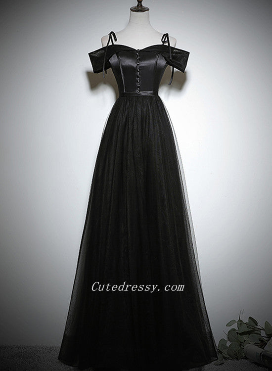 Black Off Shouldr A-line Satin with Tulle Prom Dress, Black Evening Dresses