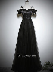 Black Off Shouldr A-line Satin with Tulle Prom Dress, Black Evening Dresses