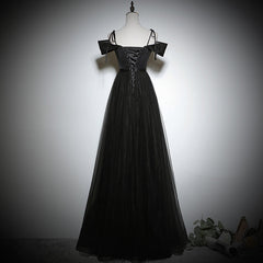 Black Off Shouldr A-line Satin with Tulle Prom Dress, Black Evening Dresses
