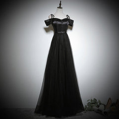 Black Off Shouldr A-line Satin with Tulle Prom Dress, Black Evening Dresses
