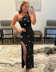 Wholesale Black One Shoulder Sequined Long Prom Dress With Stars long prom dresses with sleeves