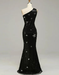 Wholesale Black One Shoulder Sequined Long Prom Dress With Stars long prom dresses with sleeves
