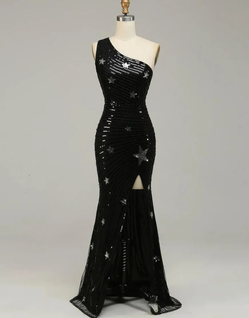 Wholesale Black One Shoulder Sequined Long Prom Dress With Stars long prom dresses with sleeves
