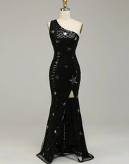 Wholesale Black One Shoulder Sequined Long Prom Dress With Stars long prom dresses with sleeves