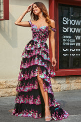 A-Line Off The Shoulder Sparkly Sequin Tiered Prom Dress Floor Length With Slit Sexy