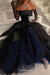 Black Pleating Tulle Strapless With Bowknot A-line Vintage Formal Dresses, CP1006
