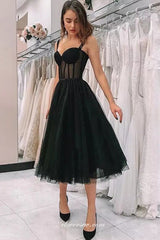 Black Polka Dot Sweetheart Illusion A-line Tea-length Birthday Party Dresses, CP0969