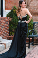 Black Rhinestone V-Neck Long Formal Dress with Attached Train TP1262