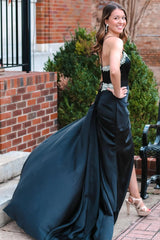 Black Rhinestone V-Neck Long Formal Dress with Attached Train TP1262