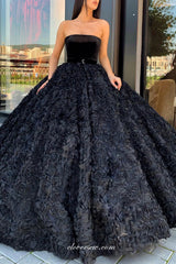 Black Rosy Satin Strapless Ball Gown Charming Formal Dresses, CP0740