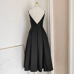 Black Satin A line Spaghetti Straps Long Prom Dress