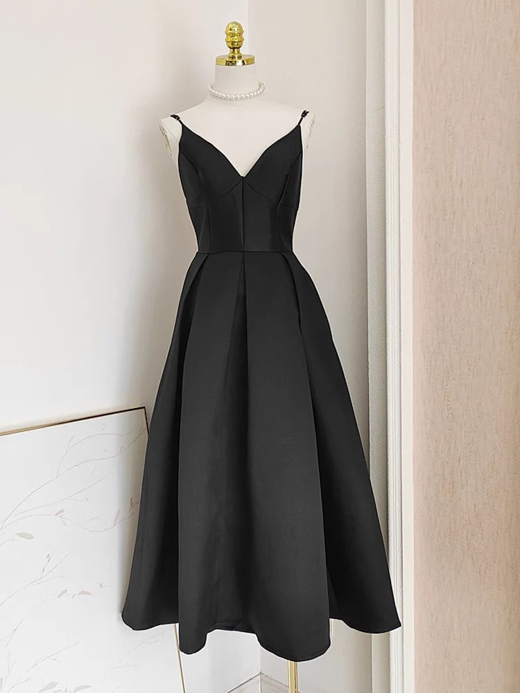Black Satin A line Spaghetti Straps Long Prom Dress