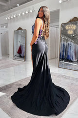 Black Mermaid Spaghetti Straps Long Prom Dresses with Appliques