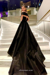 Black Satin Off The Shoulder A-line With Slit Charming Prom Dresses, CP0999