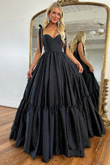 Black Satin Spaghetti Straps A-Line Long Prom Dress