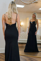 Black Satin Spaghetti Straps Sheath Long Prom Dress