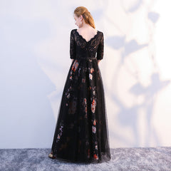 Black Satin and Lace A-line Tulle Floor Length Junior Prom Dress, Black Formal Dresses