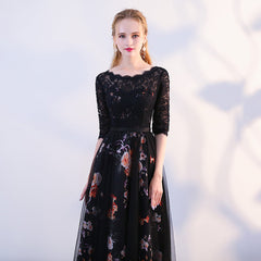 Black Satin and Lace A-line Tulle Floor Length Junior Prom Dress, Black Formal Dresses