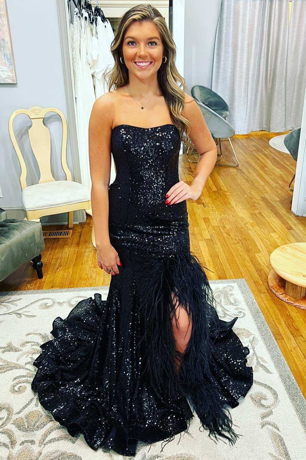 2024 Black Sequin Prom Dresses Mermaid Long Evening Dress with Feather