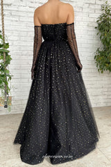 Black Sequined Tulle Glitter Long Sleeves Prom Dresses CP0802