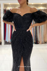 Black Sequined Tulle Off The Shoulder Sheath Side Slit Formal Dresses, CP0845