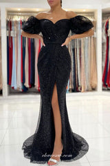 Black Sequined Tulle Off The Shoulder Sheath Side Slit Formal Dresses, CP0845